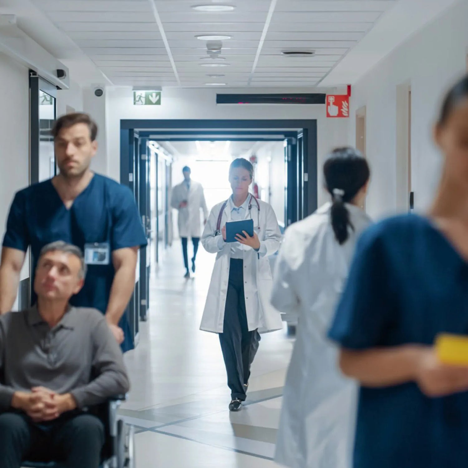 Congested hospital hallway with staff and patients in close proximity, illustrating the danger of airborne pathogens spreading in shared indoor spaces.