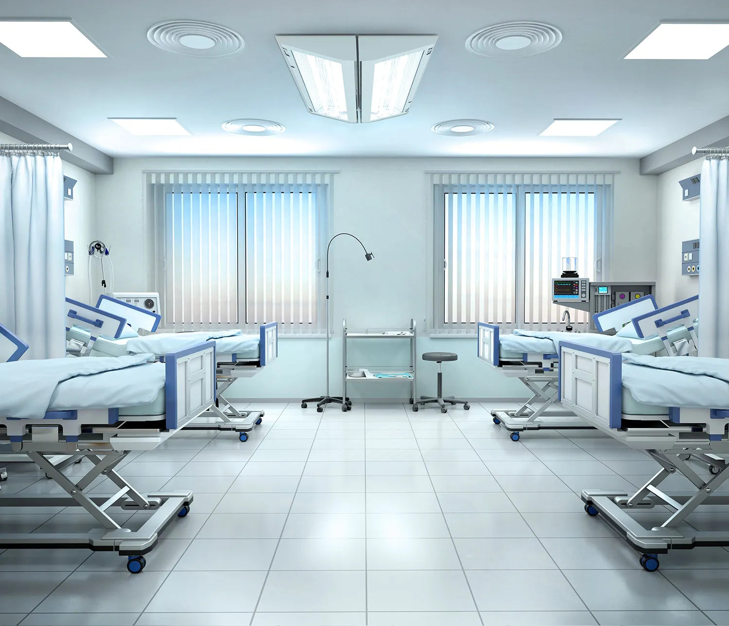 The PrescientX ASEPT 1X MAX UV sanitizer centrally installed on the ceiling of a modern, multi-bed hospital patient room