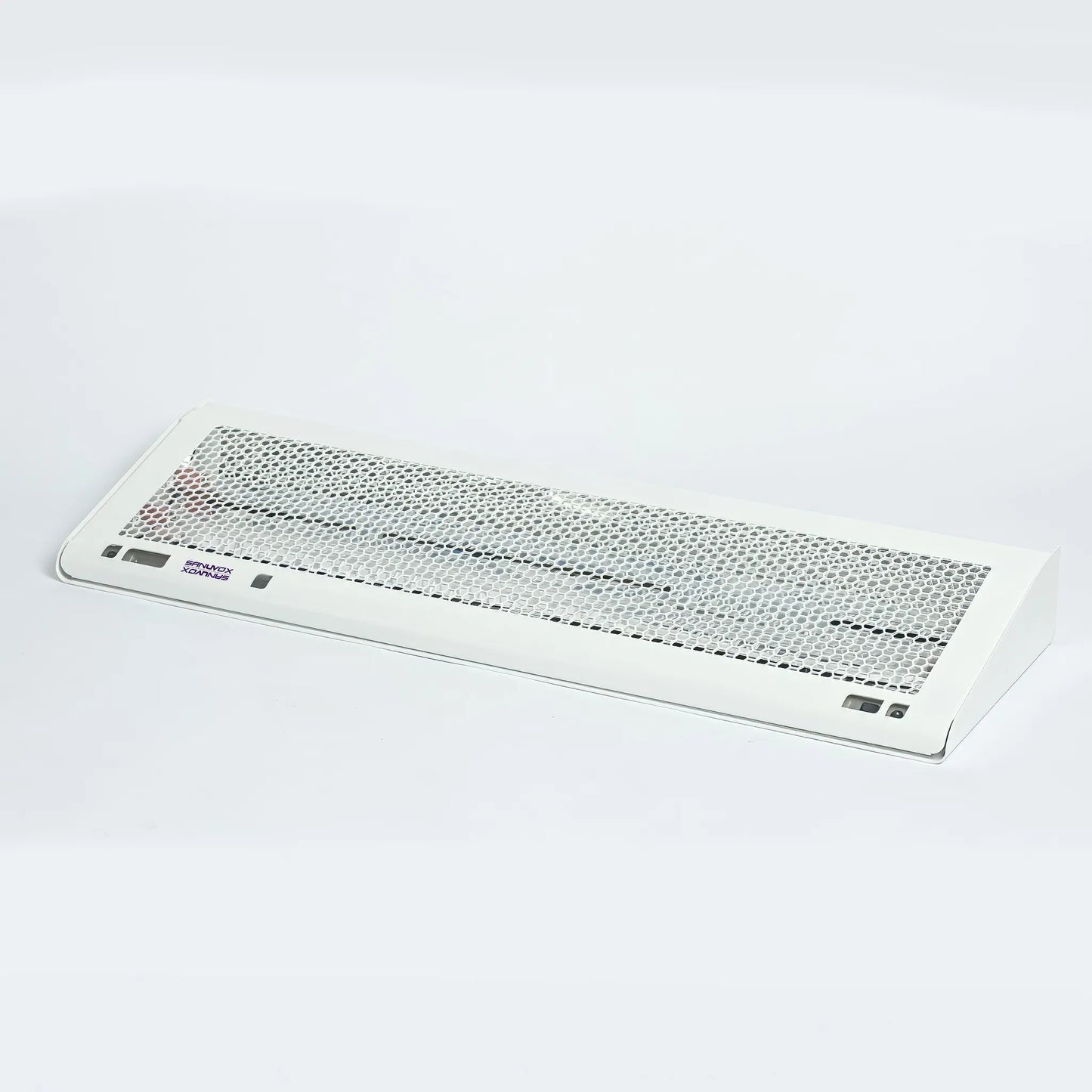 A front view of the PrescientX ASEPT 1X MAX UV sanitizer showing the protective honeycomb baffle in the closed position.