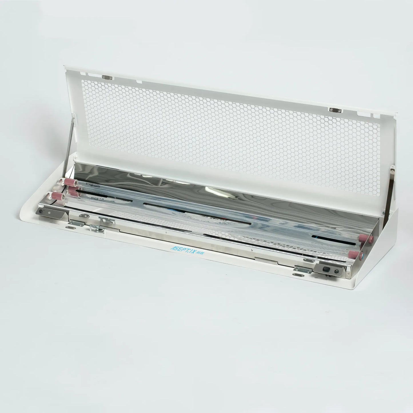 ASEPT 1X MAX UV sanitizer with its front baffle hinged open to reveal the two internal UV-C bulbs.