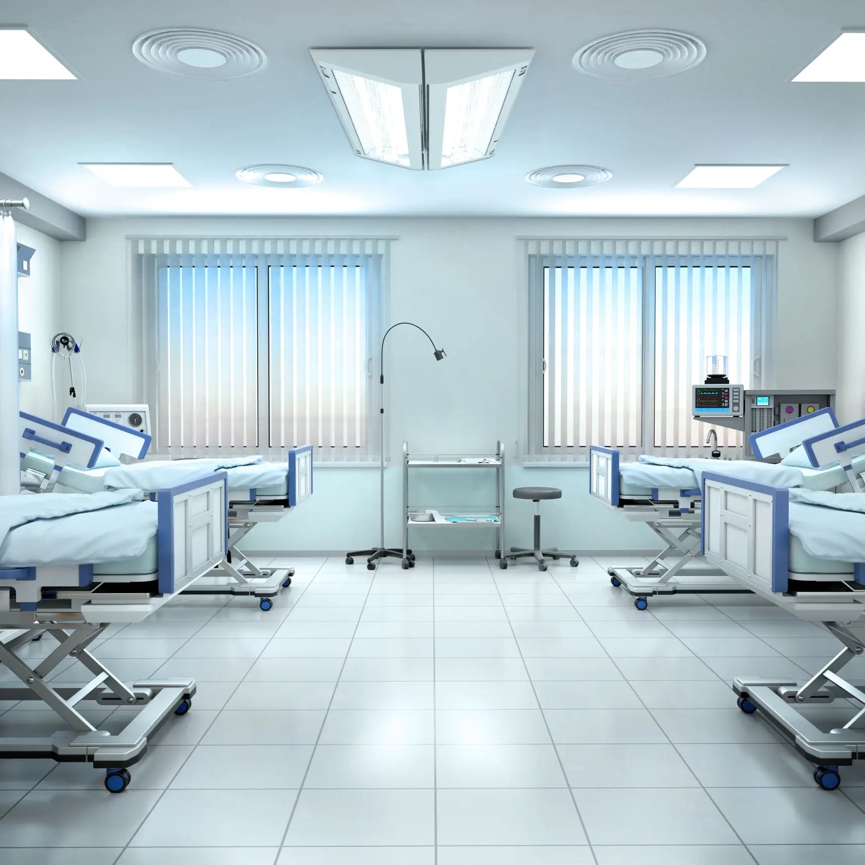 A modern patient room with automated disinfection technology, representing Prescientx self-disinfecting room solutions.