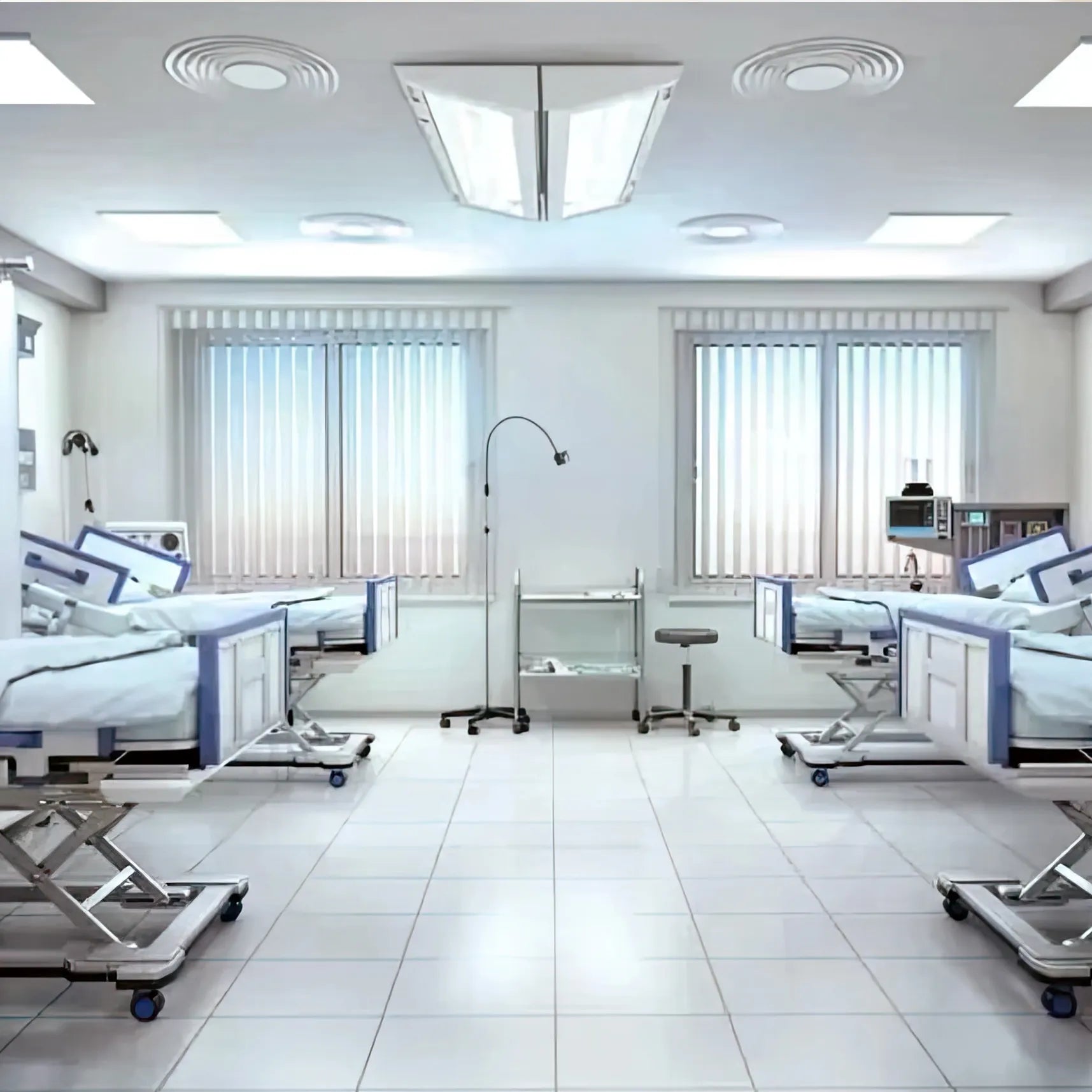 A modern patient room with automated disinfection technology, representing Prescientx self-disinfecting room solutions.