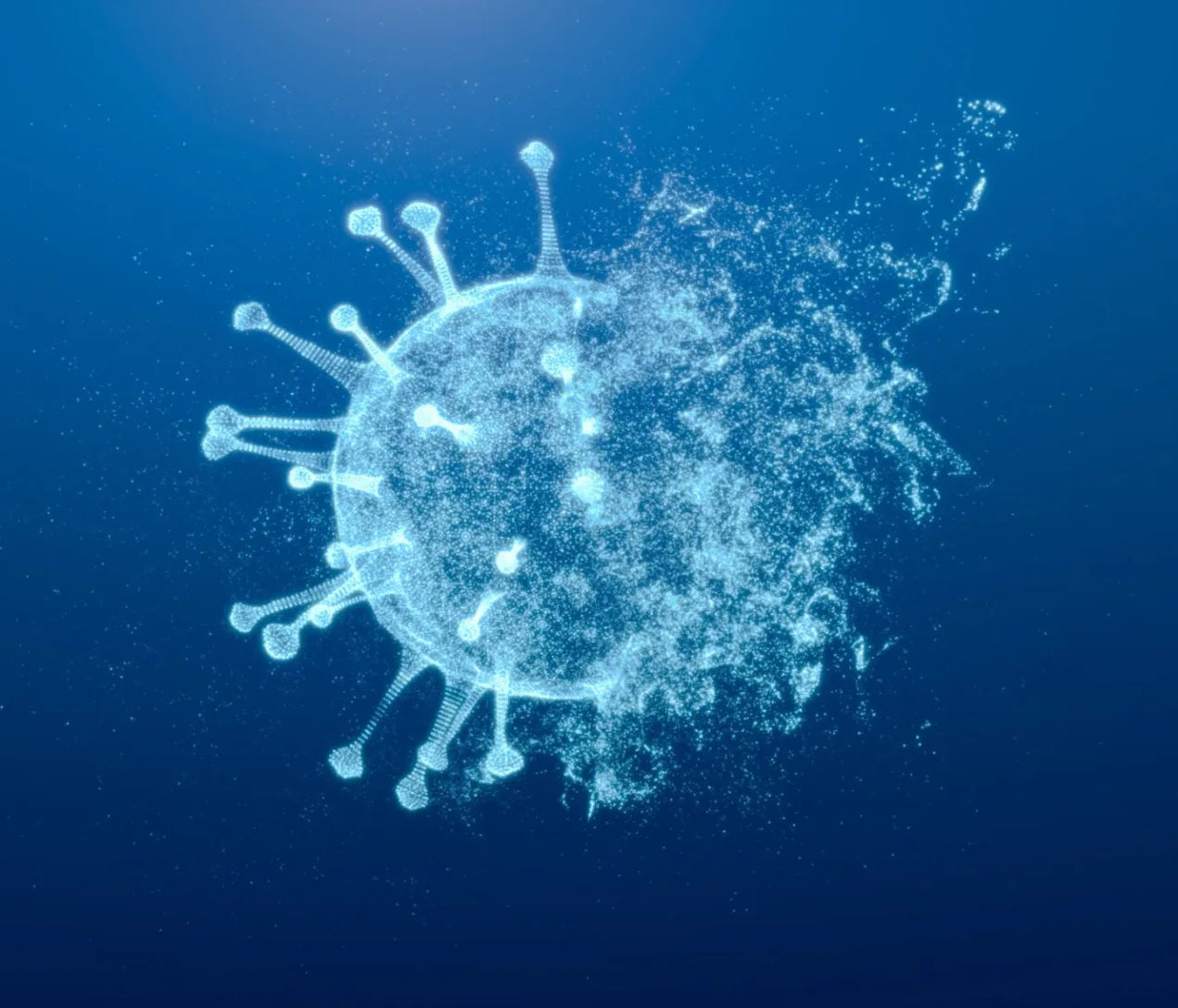 A visual representation of a virus breaking apart, symbolizing how Upper Air GUV systems from Prescientx disrupt airborne pathogens through evidence-based engineering.