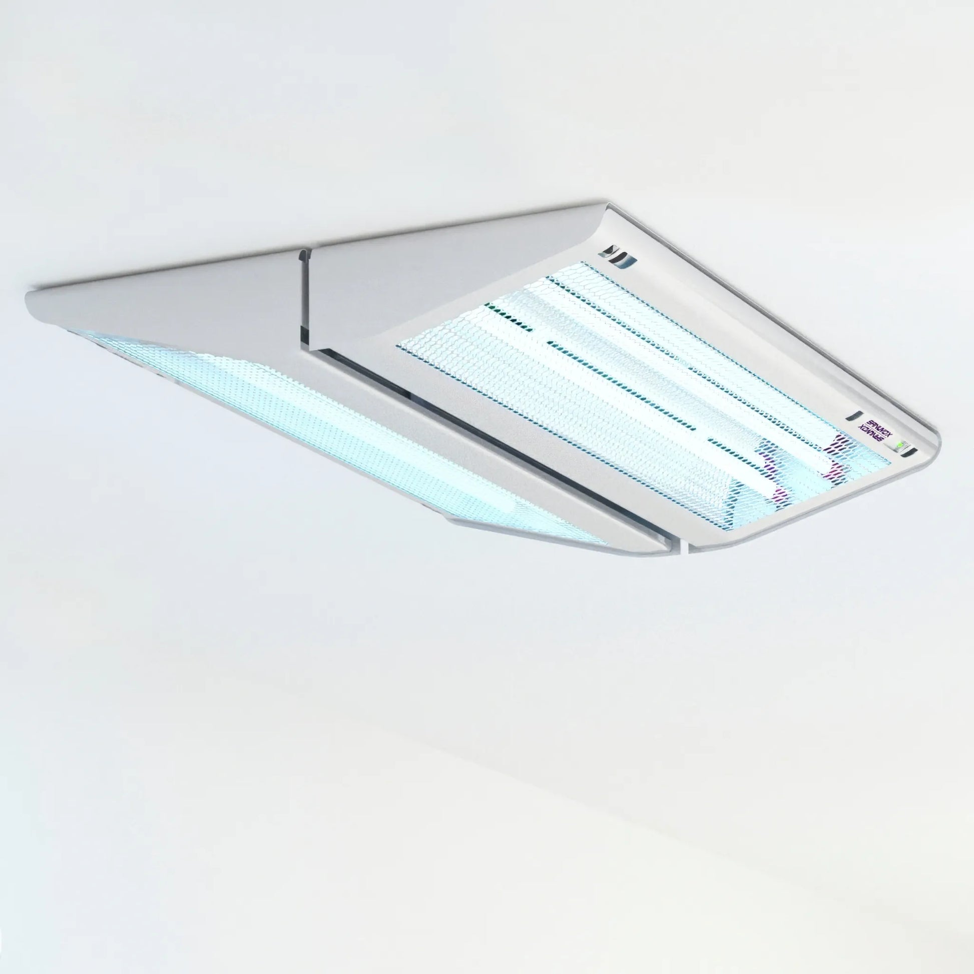 Ceiling-mounted ASEPT 1X MAX, showing the back-to-back configuration for maximum UV sanitation coverage.