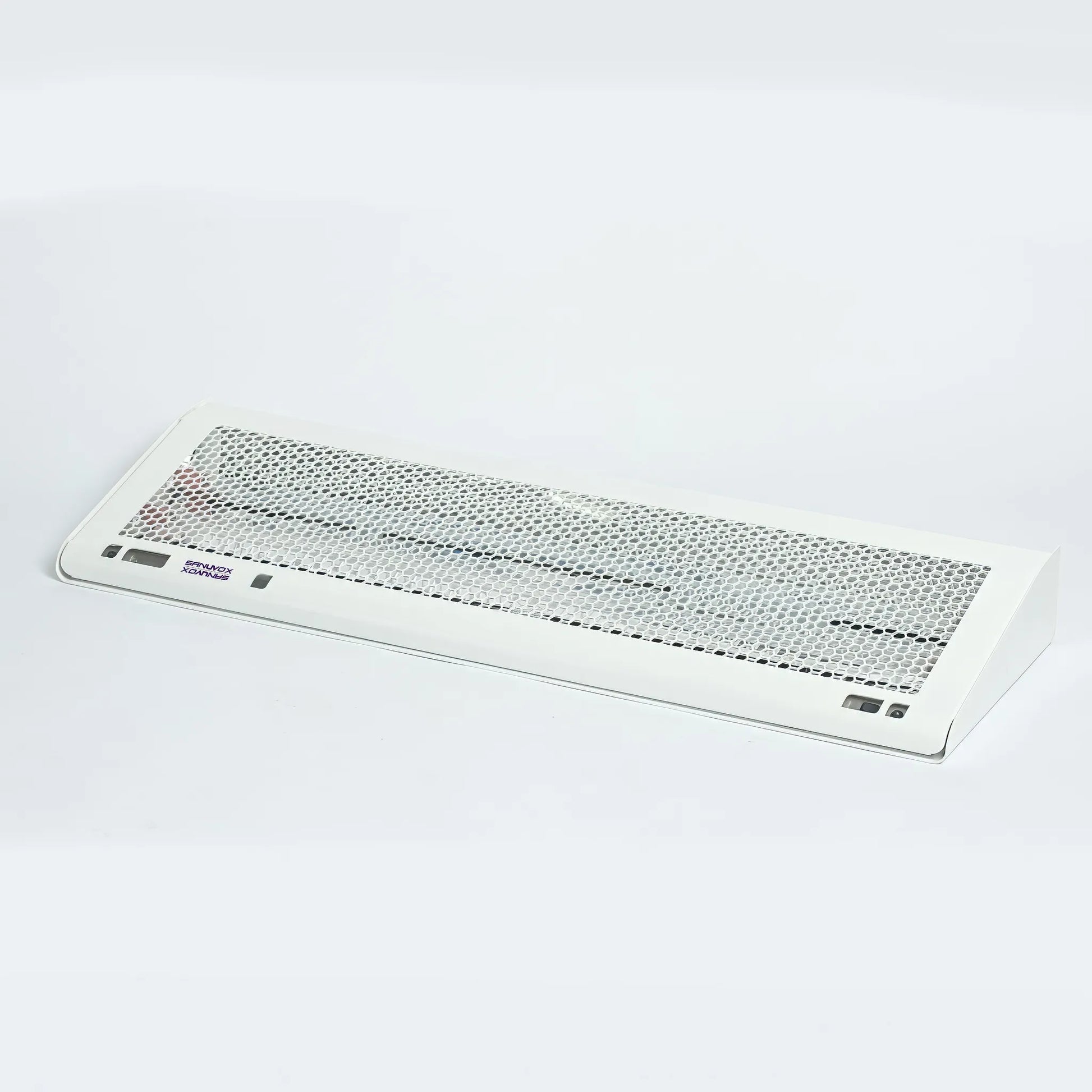 A front view of the PrescientX ASEPT 1X MAX UV sanitizer showing the protective honeycomb baffle in the closed position.